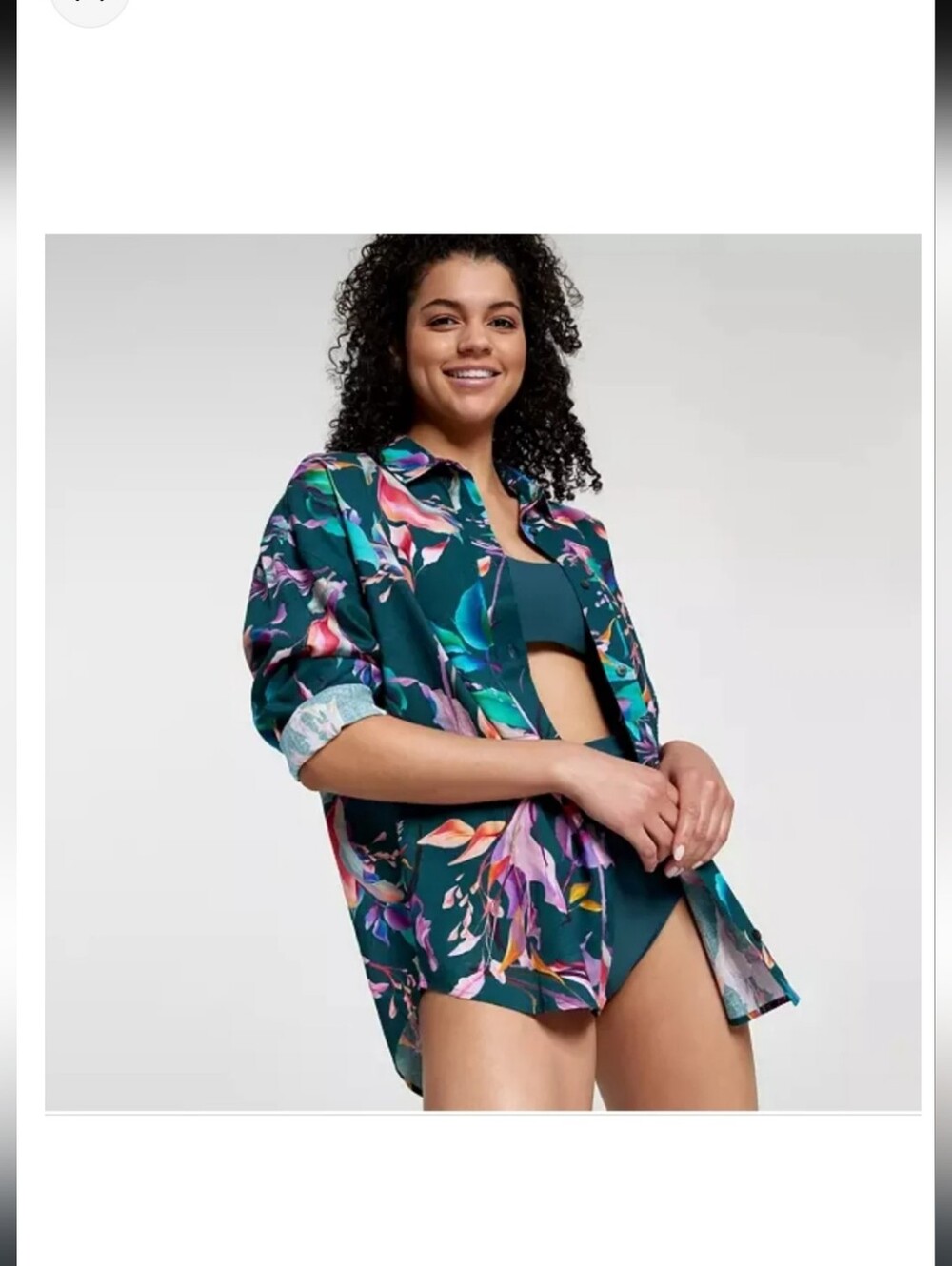 CALIA Linen Blend Teal Floral Button-Down Shirt